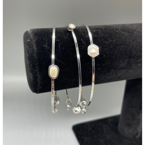 Jewelry - Set of 3 Silver Tone Faux Pearl Bangle Bracelets Minimalist Stackable Jewelry